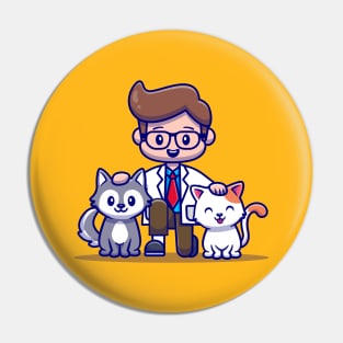 Veterinarian With Cat And Dog Cartoon Pin