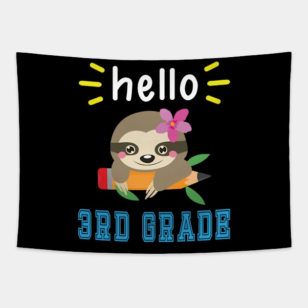 Sloth Student With Pencil Back To School Day Hello 3rd Grade Tapestry by Cowan79