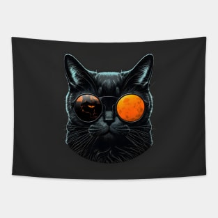 Funny Black Cat with Broken Sunglasses Tapestry