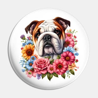 A english bulldog with beautiful colorful flowers Pin