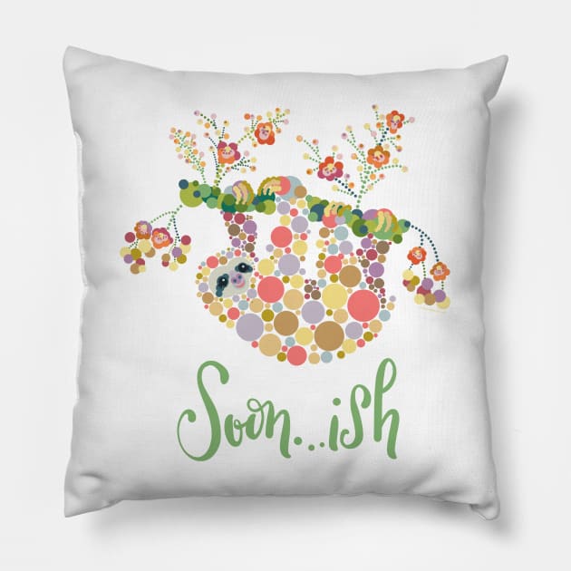 Soonish Funny Sloth Design Slow Lazy Colorful Circles Pillow by DoubleBrush