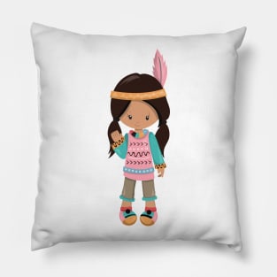 Native American Girl, Cute Girl, Brown Hair Pillow