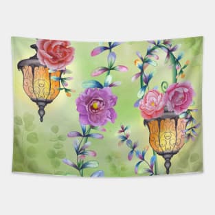 Vintage streetlights with peony flowers and colorful leaves ornament. Fairy spring garden watercolor illustration. Enchanted romantic scenery Tapestry