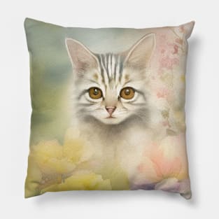 Striped Cat in the Flower Garden Soft Pastel Colors Pillow