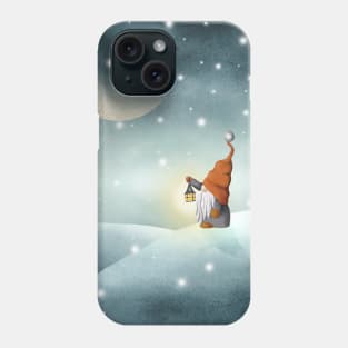 Scandinavian gnome on winter landscape watercolor illustration. Nordic tomte gnome with Christmas tree. Moonlight snow forest Phone Case