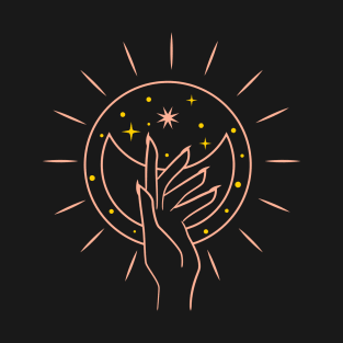 Aesthetic line art mystic hand moon and star T-Shirt