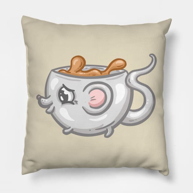 Little Cute Mouse Coffee Cup Cartoon Illustration Pillow by Squeeb Creative