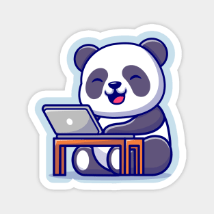 Cute Panda Working On Laptop Cartoon Magnet