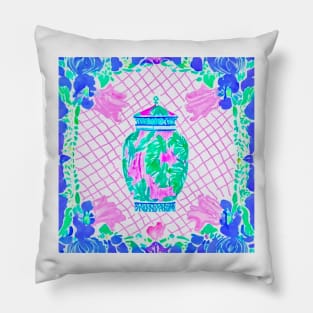 Colorful chinoiserie jar in pink, green and blue Pillow