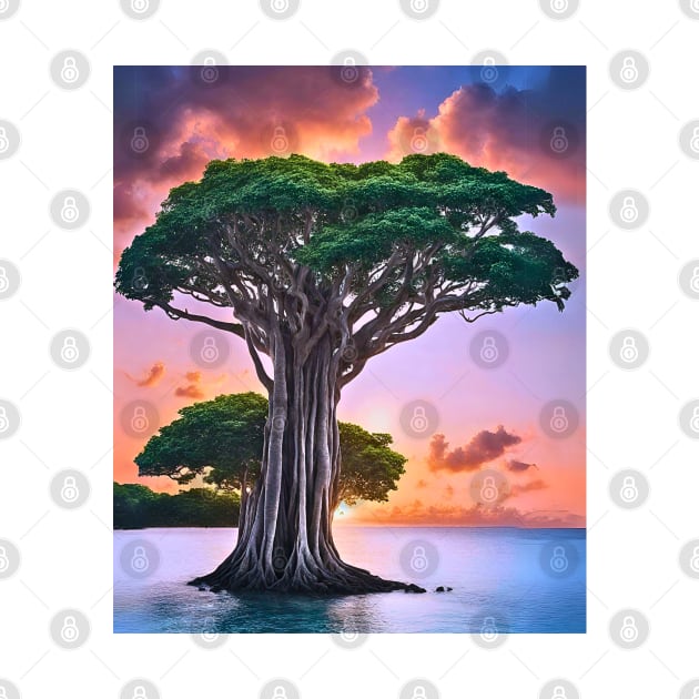 Towering Majestic Banyan Tree Sunset by Doodle and Things