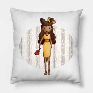 Cute dark skinned girl with a yellow outfit and holding a bunch of flowers in her hand Pillow