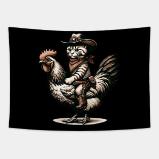 Meowdy Cat Riding Chicken Tapestry