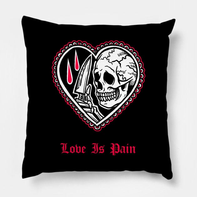 Love Is Pain Valentines Day Sad Skull Lover Emo Goth Grunge Aesthetic Pillow by btcillustration