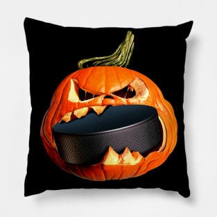 Halloween Hockey Pumpkin Eating a Puck Pillow
