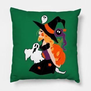 Witch Holding a Pumpkin Pillow