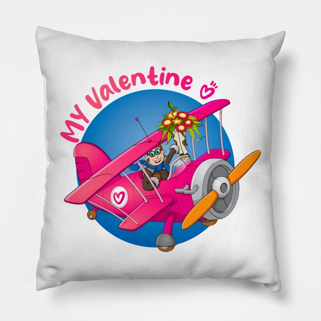 “My valentine” drawing of a pilot in an airplane with flowers Pillow by Stefs-Red-Shop