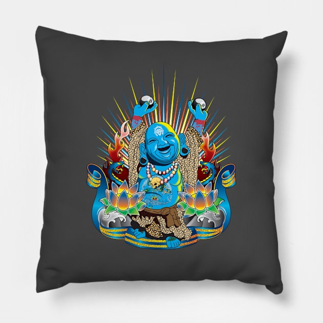 Happy Kustom Kulture Buddha Pillow by satansbrand