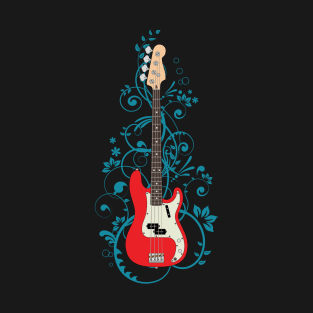 Red P-Style Bass Guitar Flowering Vines T-Shirt