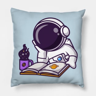 Cute Astronaut Reading Book With Space Coffee Cartoon Pillow
