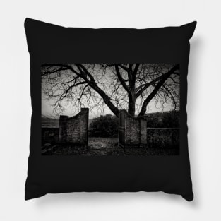 Black and white photograph of ancient gate leading to a mysterious garden Pillow