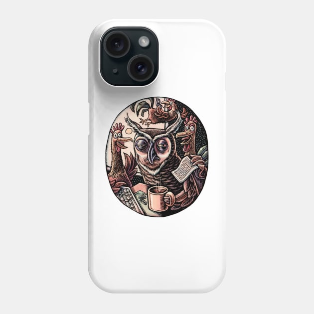 Tired Owl and Rooster Coworkers Phone Case by Lisa Haney