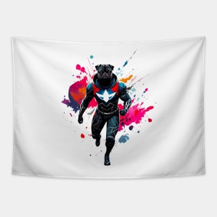 Confident and Commanding Pug in Black with Bold Red Metallic Superhero Suit Tapestry