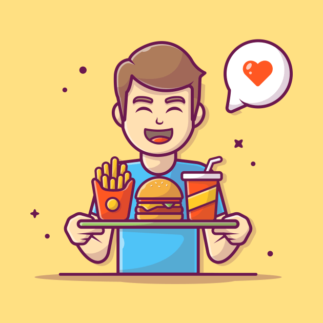 Man Bringing Tray With Burger, French Fries And Soft Drink Cartoon by Catalyst Labs