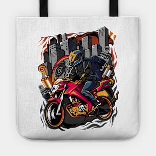 Man wearing helmet riding motorcycle Tote