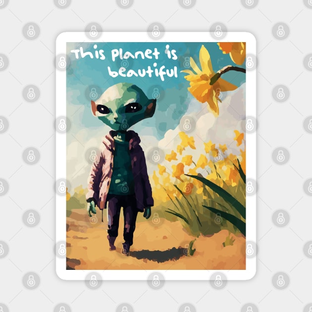 Alien walking through a vast field of yellow daffodils 3 Magnet by Megadorim