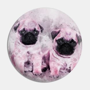 Pink Pug Puppies. Dog Watercolor Portrait 01 Pin