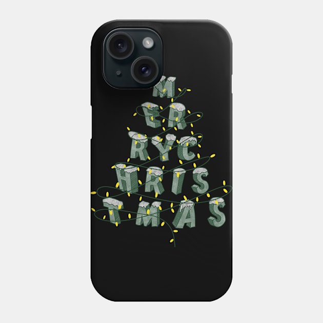 Merry Christmas written in the shape of a tree with some Christmas lights Phone Case by Tana B 