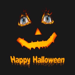 Scary carved Jack O Lantern pumpkin face for Halloween with fiery blue eyes. T-Shirt