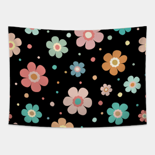 Cute Multicolour Flower Pattern On Black Tapestry