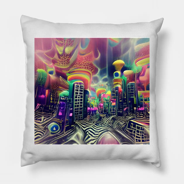 Psychedelic City Pillow by Mihadom