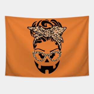 Jack O Lantern Face pumpkin messy bun Halloween leopard funny Tapestry