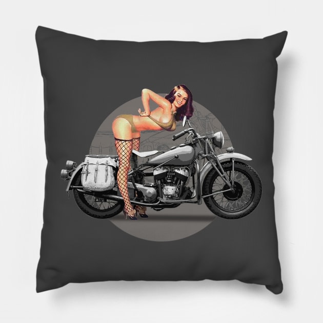 Pin-up Girl Classic Motorcycle Retro WW2 Pillow by Jose Luiz Filho