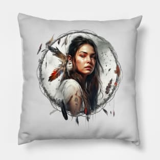 Dreamcatcher Girl, Native American design with dream catcher and feathers Pillow