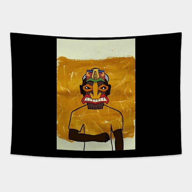 Expressionist Hawaiian Male Character with Dark Mask and Eyes Tapestry by Hashed Art