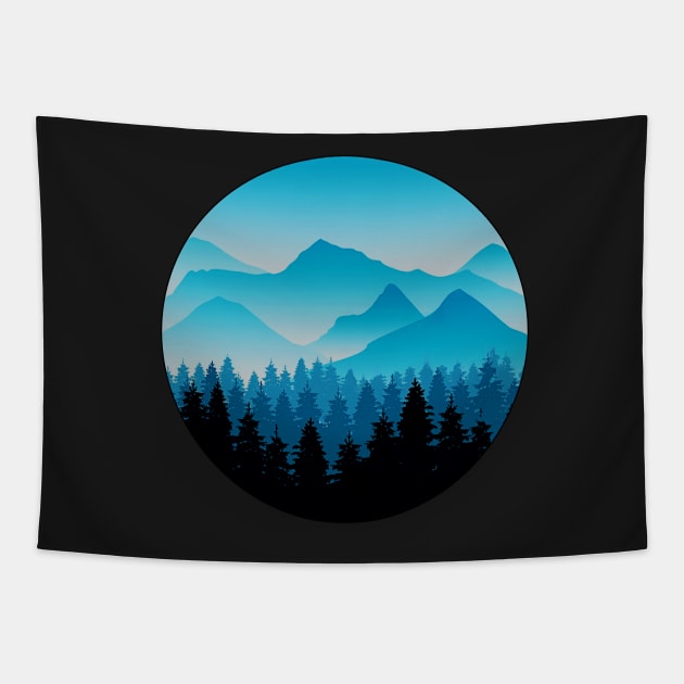 Vintage Blue Mountain and Forest Scene Silhouette Tapestry by masterpiecesai