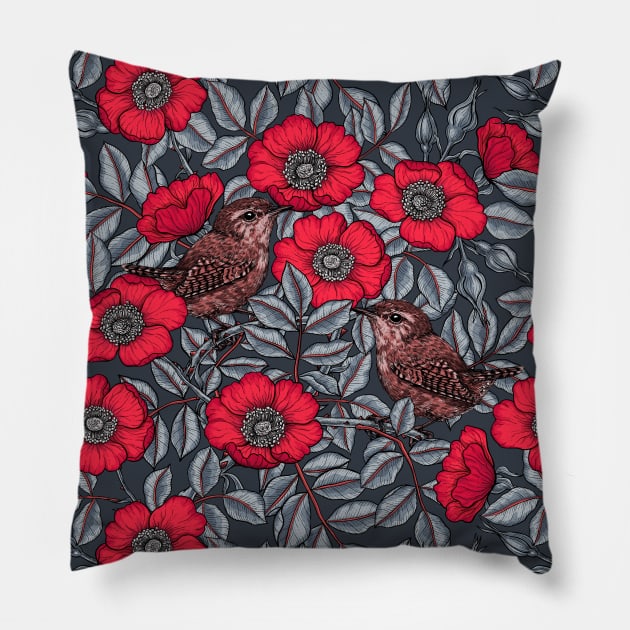 Wrens in the roses Pillow by katerinamk