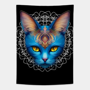 Cat Blue Divinity in Mandala Surreal Digital Art Tapestry