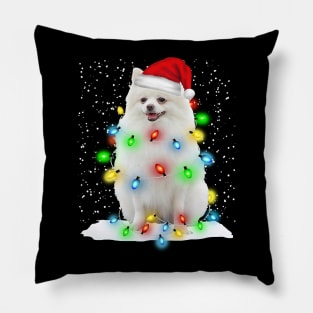 White Pomeranian Christmas Santa Hat Xmas Tree Color Lights Pillow