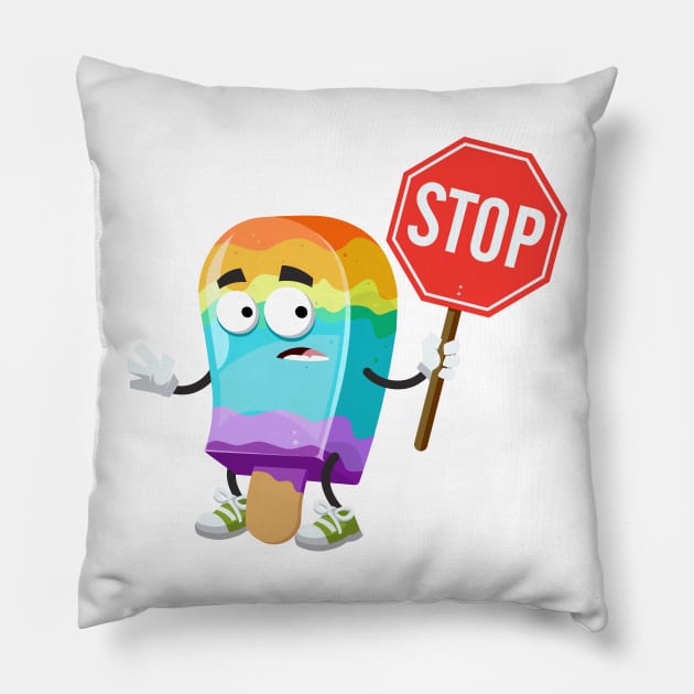 cartoon rainbow colors ice cream on a stick mascot with tablet stop in hand Pillow by VizRad