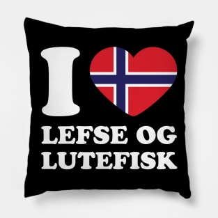 I love Lefse and Lutefisk Norwegian Flag Heart Pillow