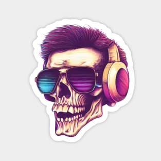 synthwave skull with headphones and sunglasses Magnet