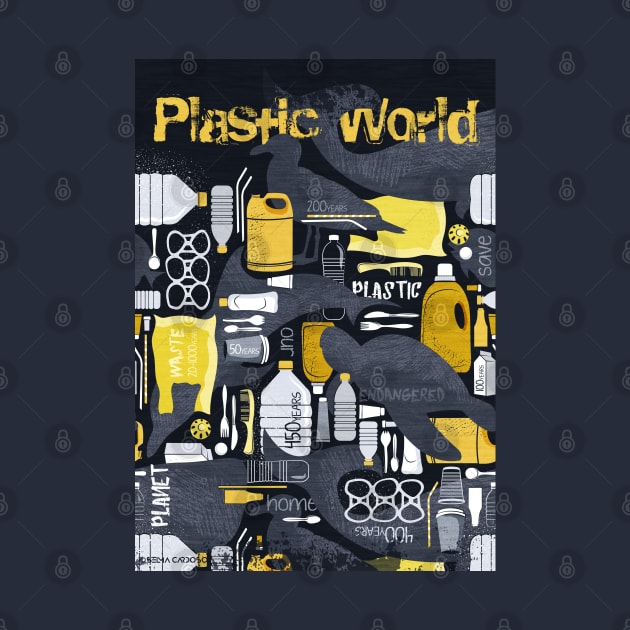 Our plastic planet // print // black background grey endangered animal species with yellow white and transparent plastic waste by SelmaCardoso