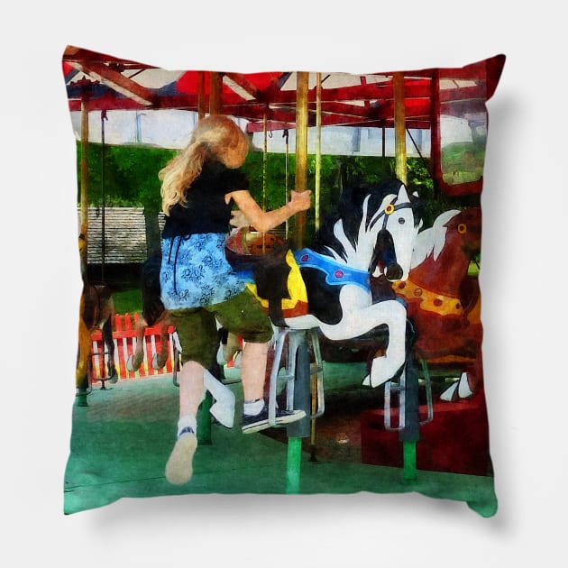 Carnival Midway - Girl Getting on Merry-Go-Round Pillow by SusanSavad