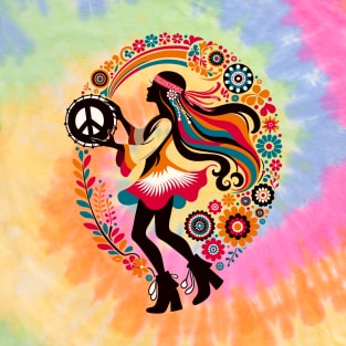 Hippie girl dancing with a peace tambourin flower power T-Shirt