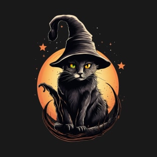 Vintage Scary Halloween Black Cat Costume Witch Hat & Moon T-Shirt