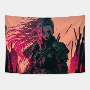 80s Cyberpunk Female Samurai On A Battlefield Tapestry